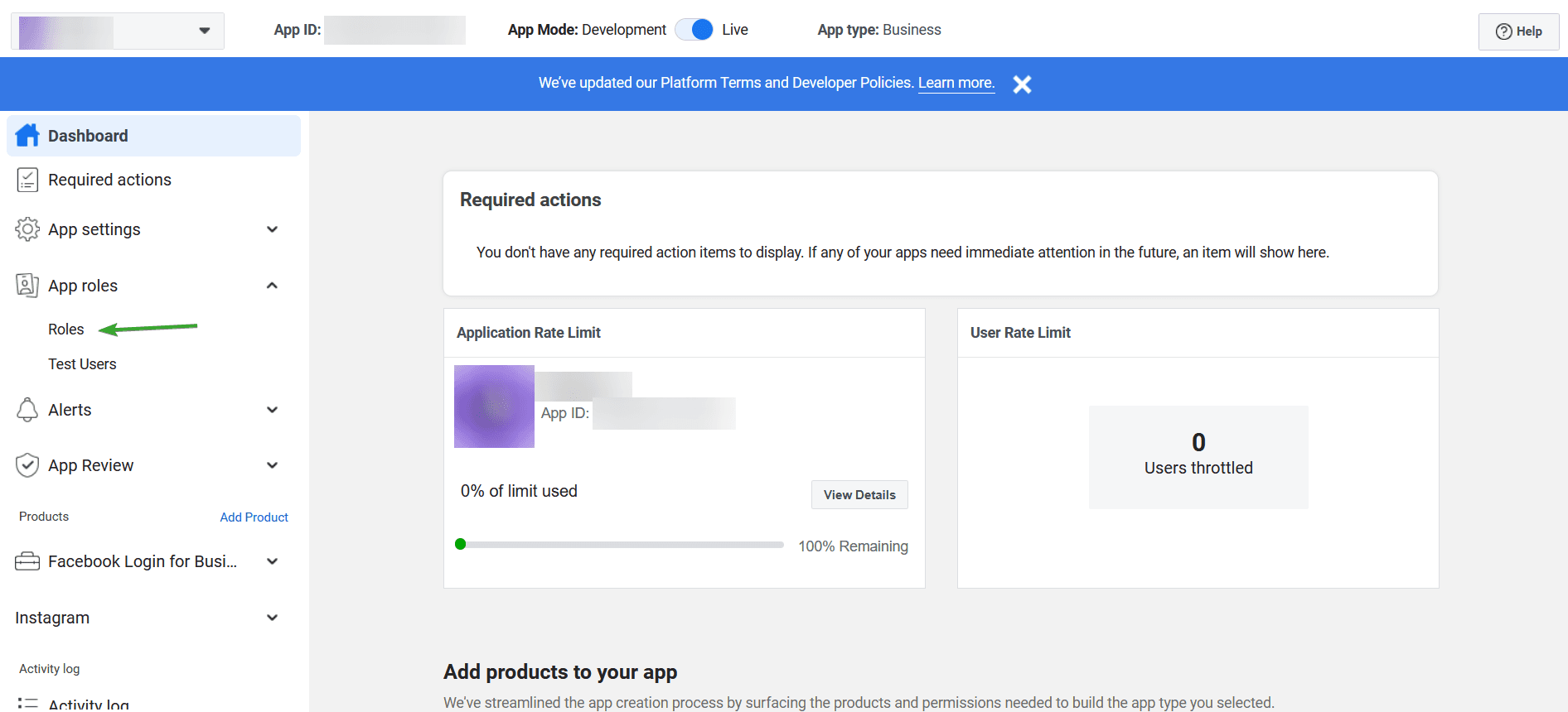 Facebook App developpers dashboard